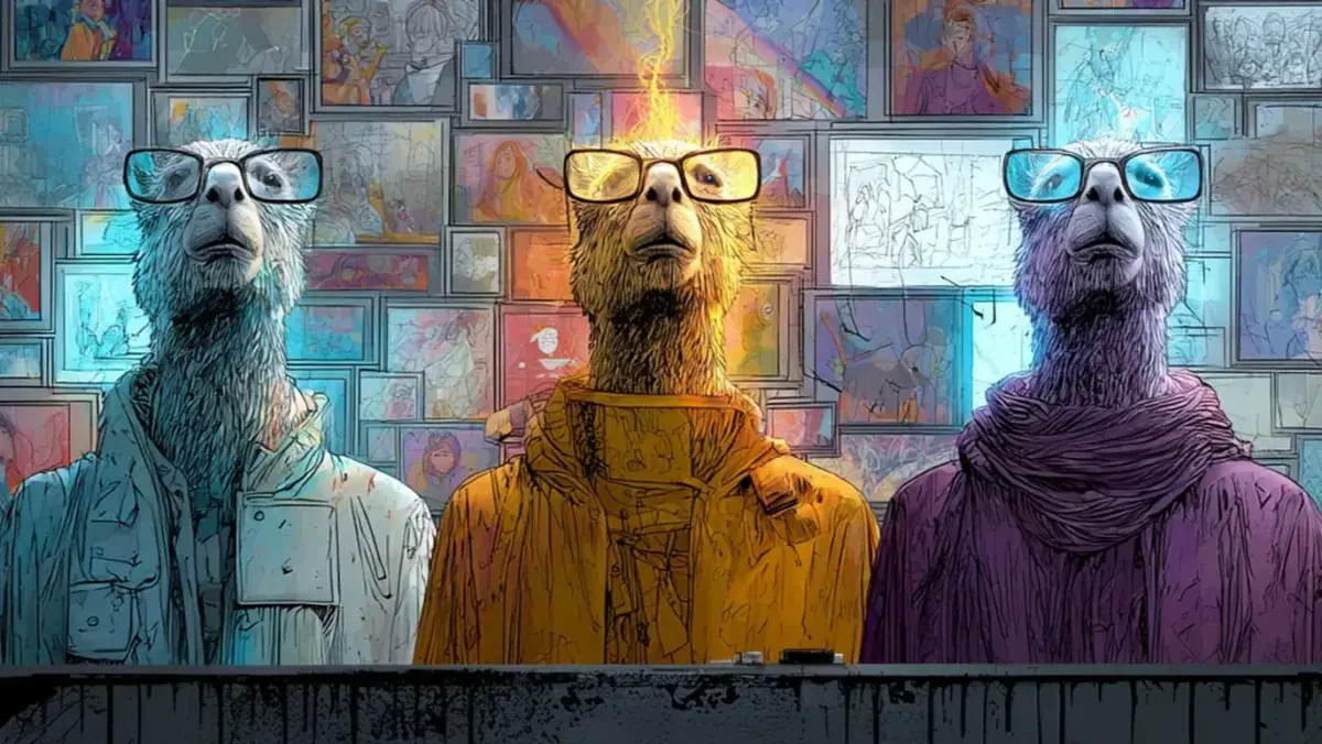 Trois lamas à lunettes, en blouses bleue, jaune et violette, devant un mur de dessins ; une flamme jaillit de la tête de celui du milieu.