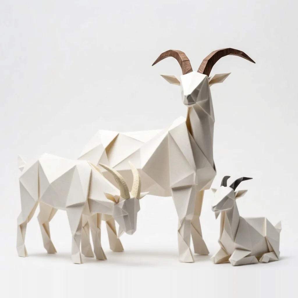 Trois chèvres en origami blanc sur fond blanc : un grand bouc aux cornes brunes, une chèvre qui broute et un chevreau couché.