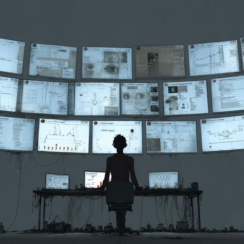 A seated silhouette facing a wall of screens covered with charts and faces.