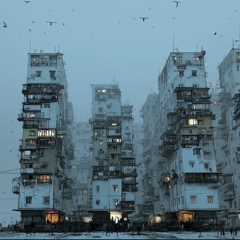 Grey tower blocks patched with balconies, under a misty sky crossed by birds.