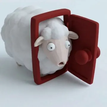 Un mouton passe la tête par une petite porte rouge entrouverte, les yeux écarquillés.