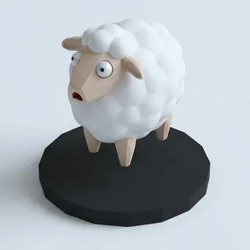 Un mouton surpris, posé sur un socle noir comme un pion de jeu.