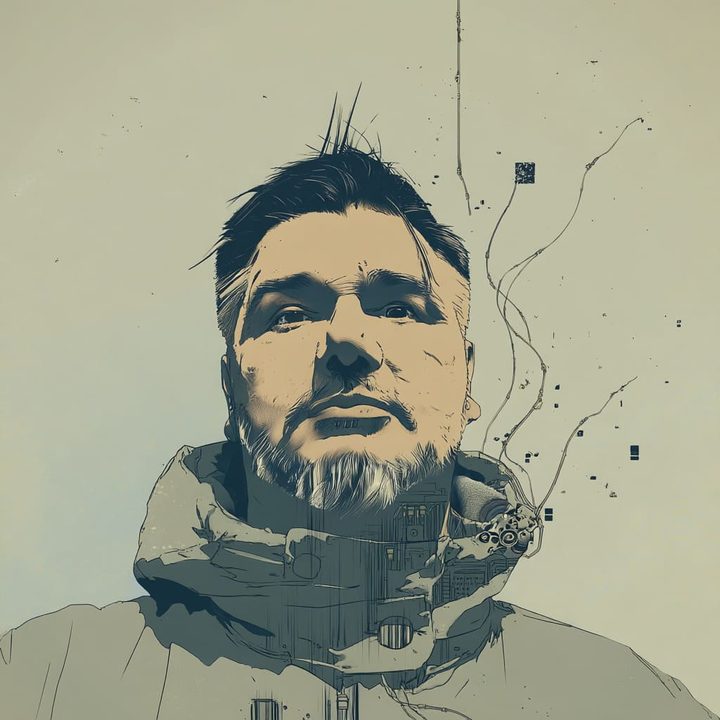 Portrait dessiné de Denis Giraudon, des fils et des circuits s'échappent de son col.